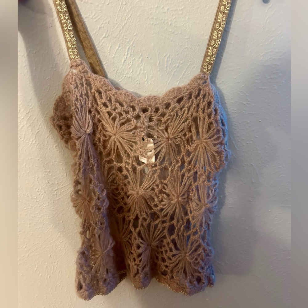 Free People Crochet Lace Top with Gold Accents